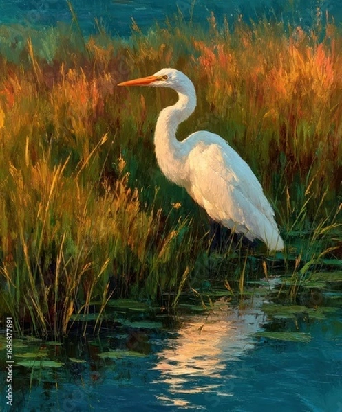 Fototapeta White heron stands near water with reeds in a painted style.