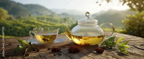 Fototapeta The Glass Teapot and Cup on a Rustic Wooden Table Overlooking Tea Fields