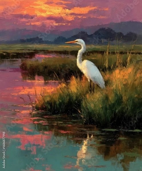 Fototapeta White bird stands in marshy water with colorful sunset sky background.