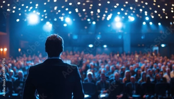 Obraz A speaker stands at a podium facing a large crowd in a darkened auditorium filled with blue lights. The audience is attentive, focused on the presentation in an evening setting