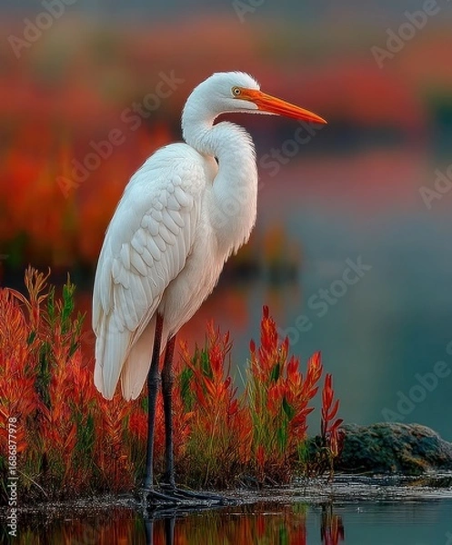 Fototapeta White heron stands in shallow water with colorful foliage in the background.