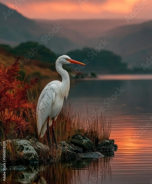 Fototapeta White bird stands near water with trees and sky in the background.
