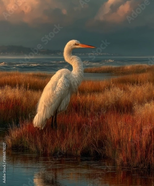 Fototapeta White heron stands in a marshy area with water and a cloudy sky.