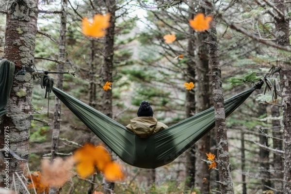Fototapeta Peaceful forest relaxation: Person in green hammock surrounded by autumn leaves