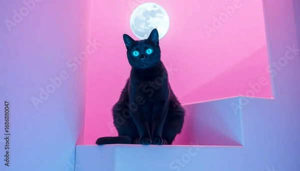 Fototapeta Surreal black cat with glowing blue eyes sitting under a full moon in a pastel pink background, mystical and dreamy atmosphere