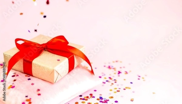 Fototapeta Gift box with confetti on a pastel background