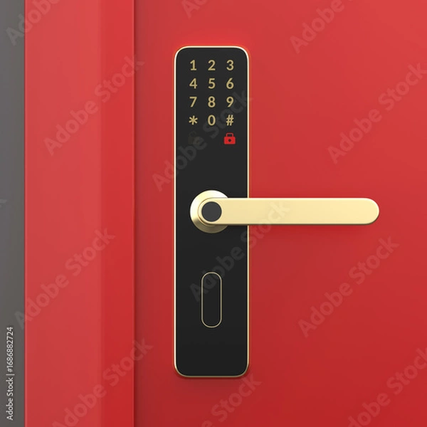 Fototapeta Smart door lock with golden handle on a red door