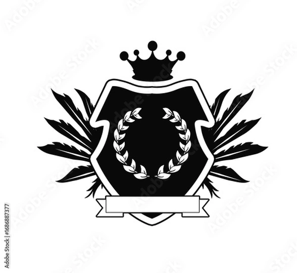 Obraz Black heraldic shield with crown, laurel wreath, and ribbon banner. Classic coat of arms emblem symbolizing strength, honor, and nobility. Elegant vintage heraldry illustration.