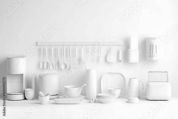 Fototapeta A modern all-white kitchen featuring shelves, counters, and white cabinets.