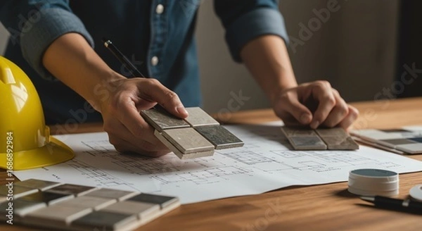 Fototapeta Architect reviewing tile samples with blueprints