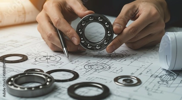 Fototapeta Engineer examining bearing with technical drawings