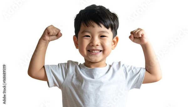 Fototapeta A happy child smiles, flexing his arms, demonstrating strength and confidence. The boy's expression is full of joy and positivity