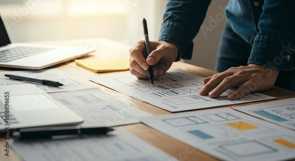 Fototapeta Person sketching website layout on desk