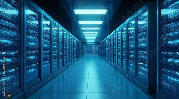 Fototapeta Server Room with Rows of Data Storage Units Illuminated by Blue Light