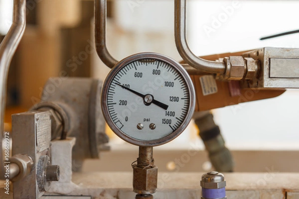 Obraz Pressure gauge for monitoring measure pressure production process, Oil and gas or petroleum,Offshore energy and petroleum industry is major of the world