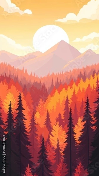 Obraz Illustrated autumn forest with mountains

