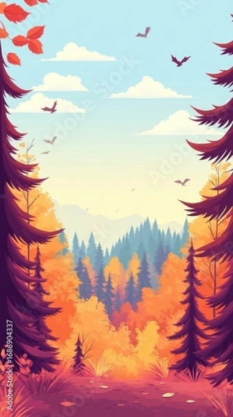 Obraz Stylized autumn scene with flying birds
