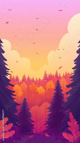 Obraz Sunset forest illustration with flat shapes

