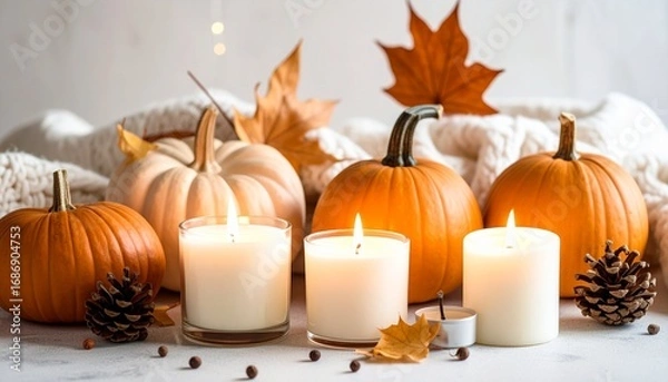 Fototapeta Cozy autumn scene featuring pumpkins and candles, evokes warmth and the spirit of the season. The soft glow from the candles illuminates the pumpkins and creates a sense of comfort