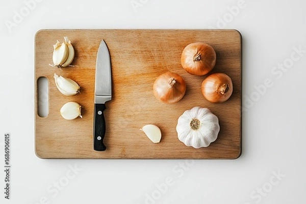 Fototapeta A wooden cutting board holding garlic, onions, and sharp knife.