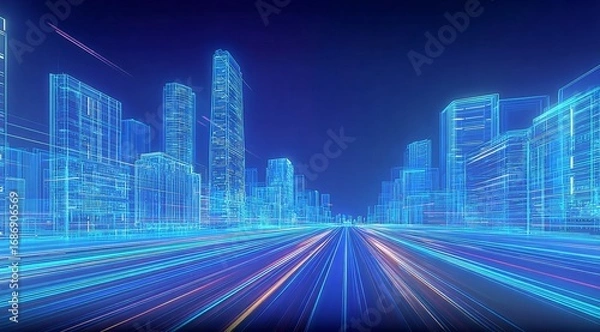 Fototapeta Futuristic Cityscape with Neon Lights and High-Speed Data Streams