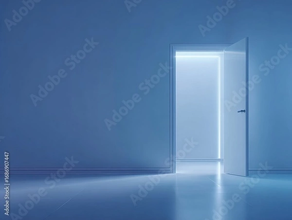 Fototapeta A partially open door emitting a bright light in an empty blue room