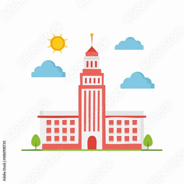 Fototapeta Flat design illustration of a modern city building with a tall tower, sun, clouds, and trees