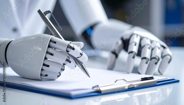 Fototapeta Close-up of robot hands writing on a document with a pen, highlighting technology and innovation