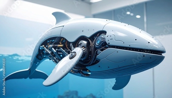 Fototapeta A futuristic and intricate robotic whale submerged underwater, showcasing advanced technology and design.