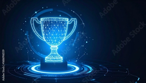 Fototapeta A stunning 3D rendering of a trophy in a futuristic digital environment. The trophy is glowing blue, symbolizing achievement in the digital age