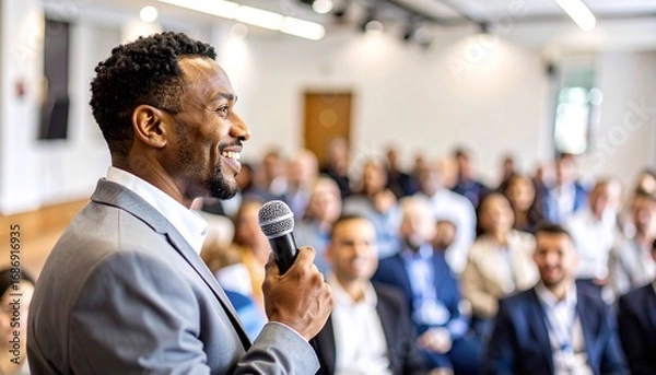 Fototapeta A speaker, a presenter, and a motivated audience in an engaging conference room. The speaker is filled with confidence and passion