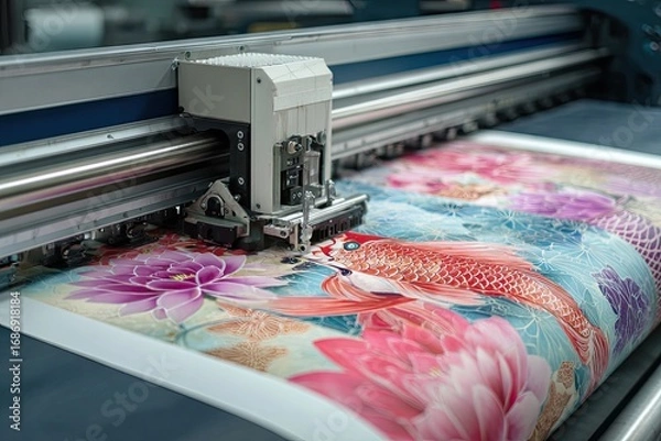 Obraz Large format printer printing colorful floral pattern on fabric.