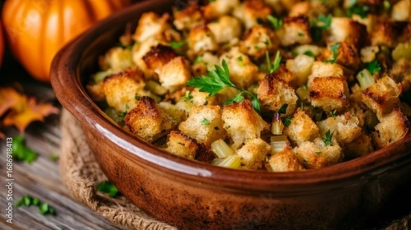 Fototapeta Savory bread stuffing with herbs and spices served in a rustic dish surrounded by autumn decorations