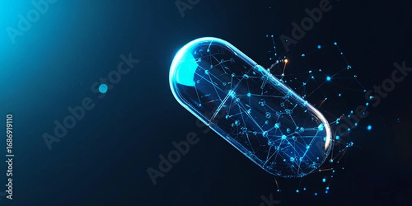 Fototapeta Abstract glowing blue capsule with digital network connections on dark background, futuristic concept