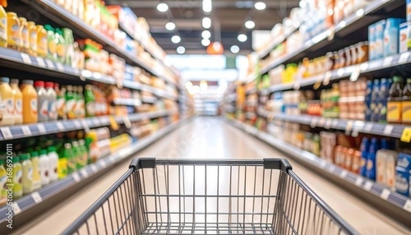 Fototapeta An inviting shopping cart navigating the aisles of a well-stocked store, creating a sense of anticipation for a pleasant shopping experience. 