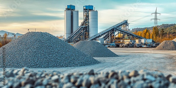 Fototapeta Industrial concrete plant with piles of gravel and silos under a cloudy sky