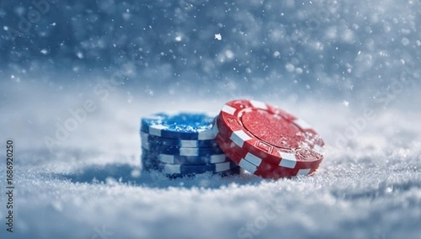 Obraz Poker chips in red and blue rest on a snowy surface, surrounded by falling snowflakes. The nighttime ambiance creates a striking visual contrast between colors and the winter landscape