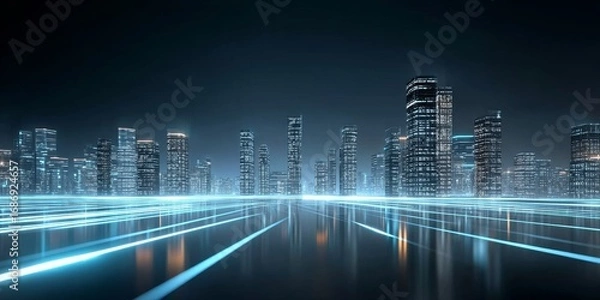 Fototapeta Futuristic Cityscape with Illuminated Skyscrapers and Reflective Roads