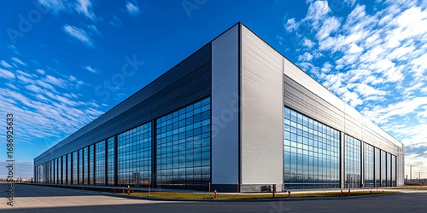 Fototapeta Modern glass and metal building exterior with a clear blue sky and scattered clouds