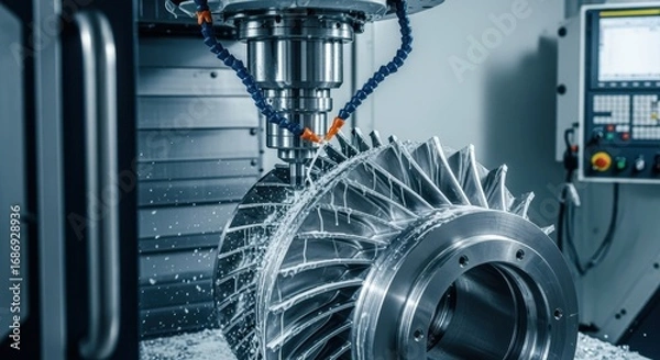 Fototapeta Machining center in action creating a hydro turbine runner blade from a solid metal block.