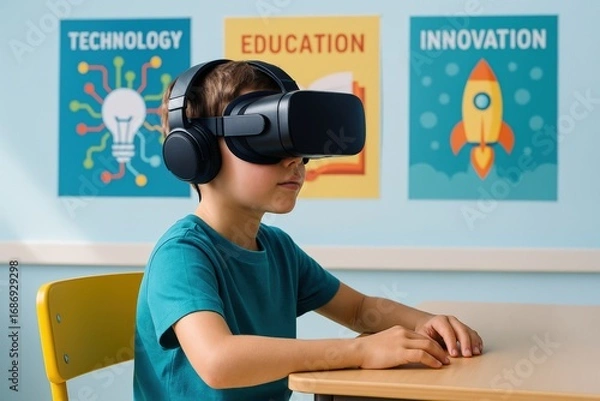 Fototapeta Young student immerses himself in innovative virtual reality education, fostering technology skills and a futuristic learning experience in classroom