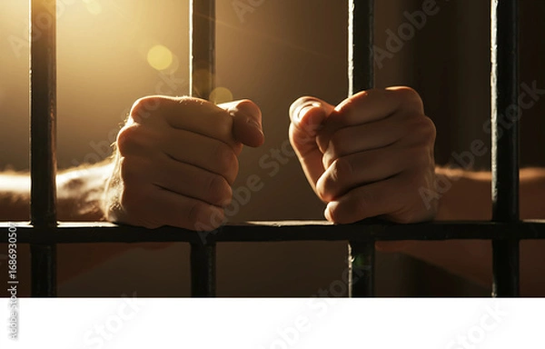 Fototapeta A close-up of a prisoner's hands gripping the cold steel bars of a jail cell, a powerful concept of lost freedom and justice