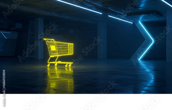 Fototapeta A luminous yellow shopping cart standing in a futuristic, blue neon-lit underground space, representing the evolution of digital retail and e-commerce