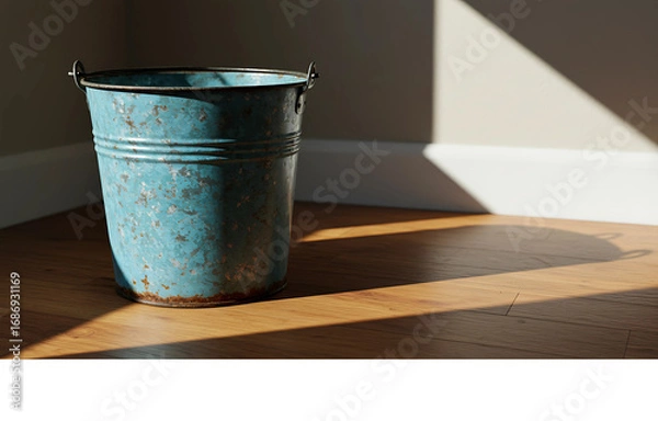 Fototapeta Morning sunlight streams across a hardwood floor, illuminating a vintage blue metal bucket in a quiet, nostalgic corner