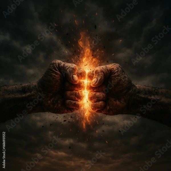 Fototapeta Two clenched fists collide with fiery explosion against stormy dramatic sky