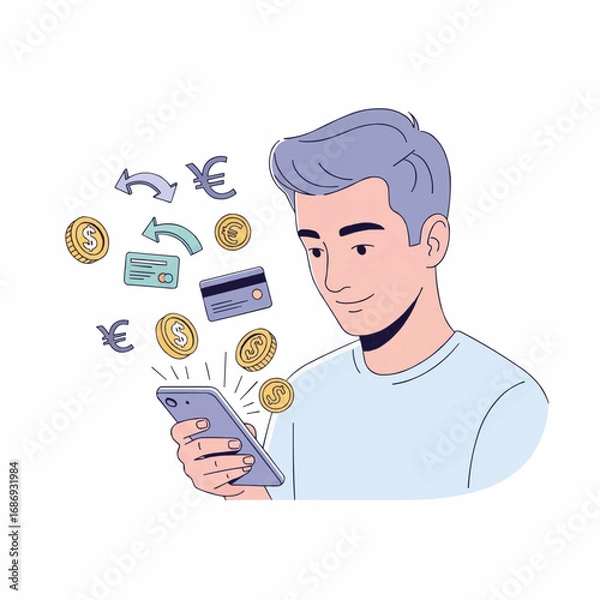 Obraz Person Using Smartphone for Online Payment with Currency Icons