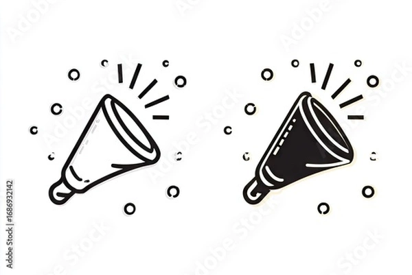 Fototapeta Two simple, outlined megaphones with radiating lines.