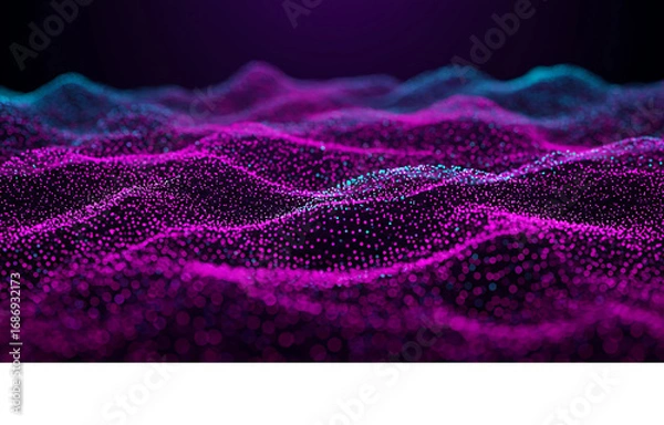 Fototapeta Futuristic digital landscape of glowing magenta and cyan particles creating a wavy surface on a dark background