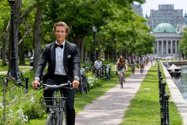 Fototapeta Young man in a tuxedo riding a bicycle along a scenic pathway by the water