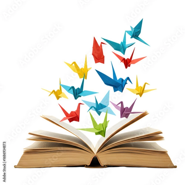 Fototapeta Colorful Origami Birds Taking Flight from Open Book: Education, Creativity, and Imagination